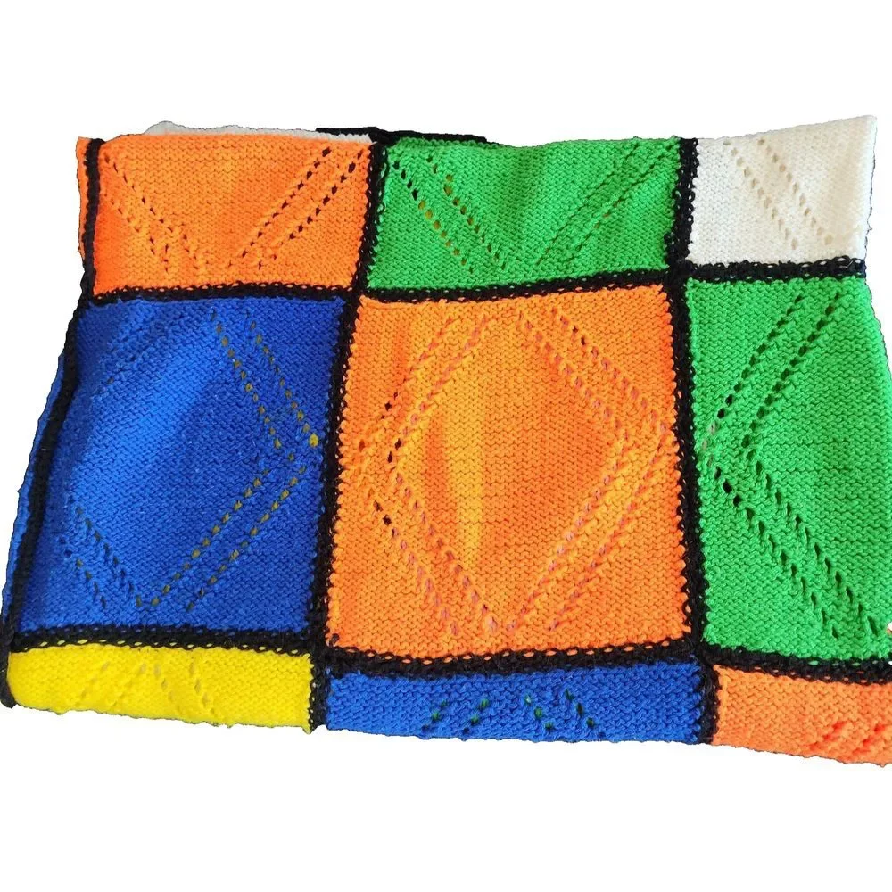 Afghan Throw 80s Bright Color Block Cube Handmade 70s Grannycore Vintage‎ Retro